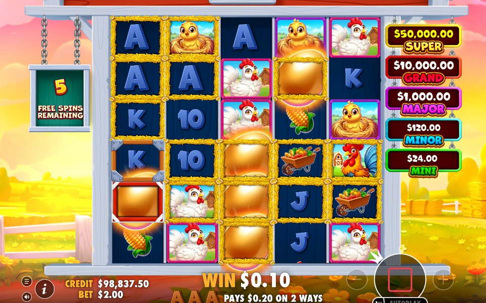 Free Spins on the 5x5 grid, red-orange barn background
